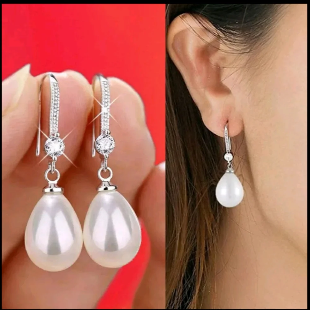 SILVER COLOR WATER IMITATION PEARL'S DROP EARRINGS - Picture 5 of 5